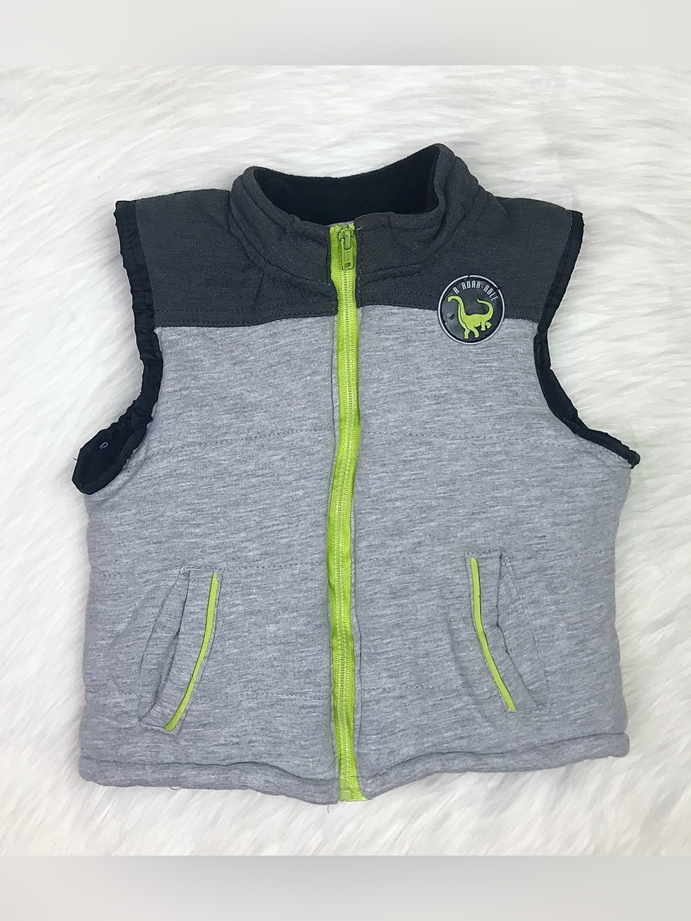 Toddler Boys Puffer Zip Up Gray & Lime Green Vest Size 24M